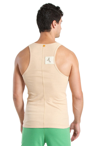 Beige ribbed cotton edge sustain tank top back view with central zipper and small white label
