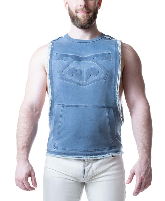 Mirage blue sleeveless shirt with raw-edge armholes, front pocket, and embossed chest logo.