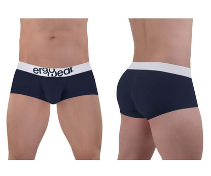 Navy blue ergonomic cotton briefs with a white waistband featuring the ergo wear logo in black text