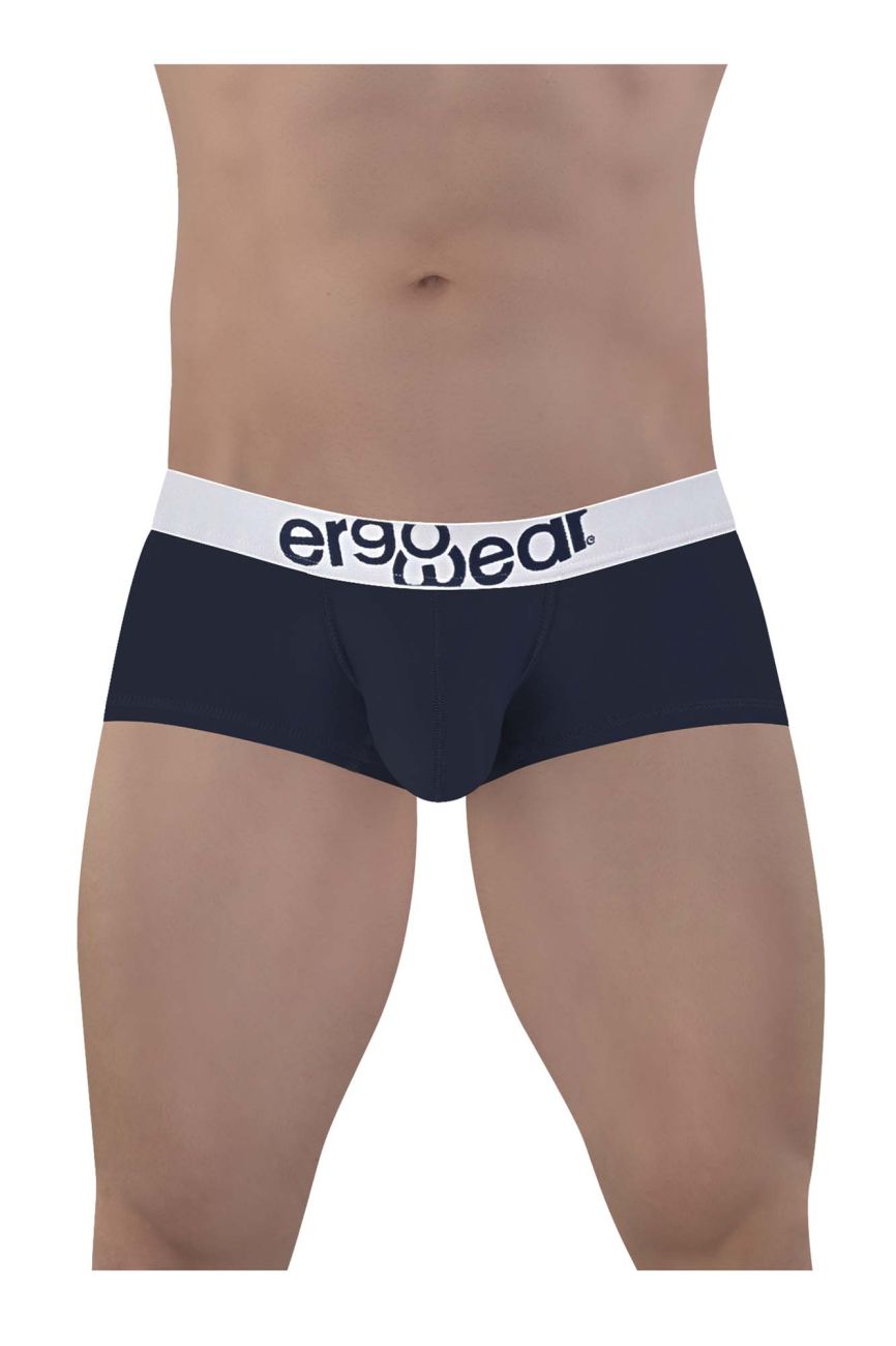 Navy blue ergo wear ew1472 max cotton trunks with white elastic waistband and black ergo wear logo text