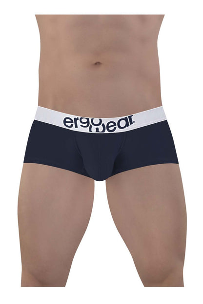 Navy blue ergo wear ew1472 max cotton trunks with white elastic waistband and black ergo wear logo text