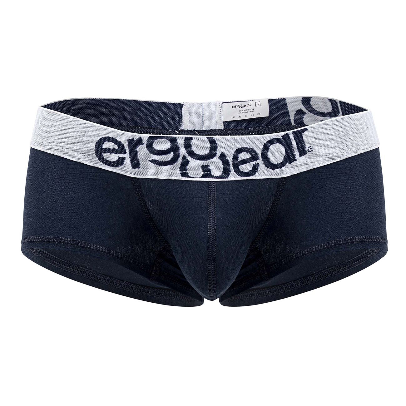 Black ergonomic briefs with navy blue cotton fabric and a white waistband featuring the ergowear logo