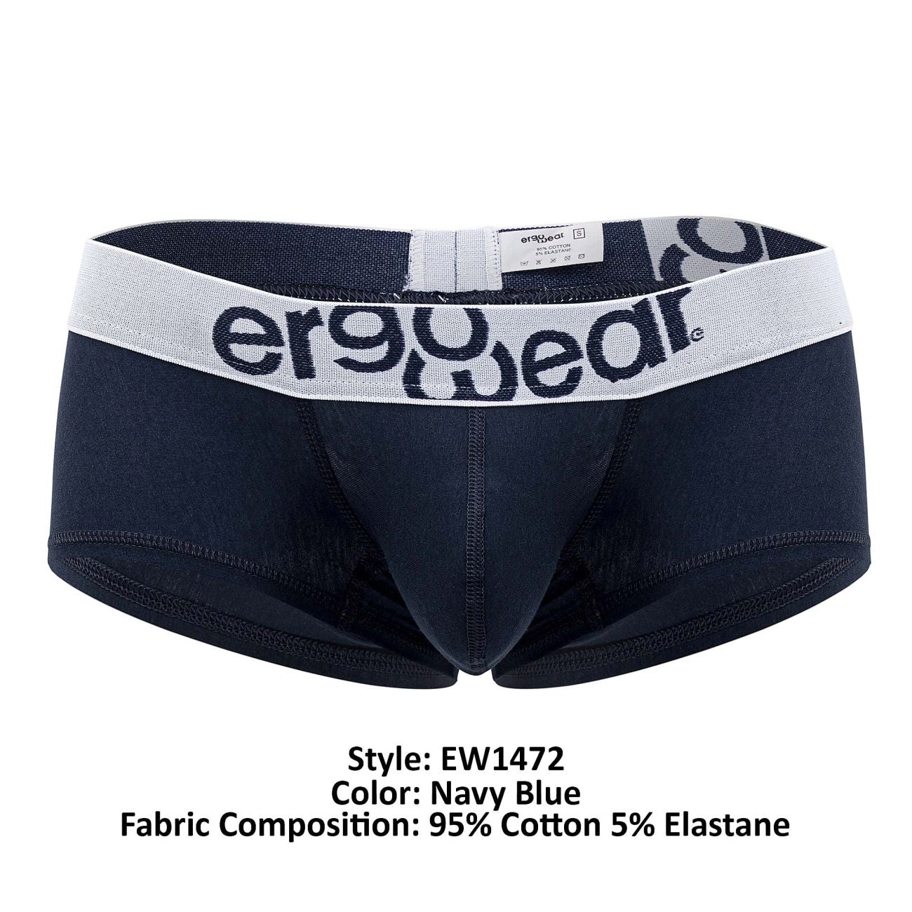 Navy blue ergowear ew1472 max cotton trunks with white elastic waistband and black logo lettering on the front