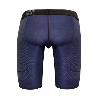 Navy blue ErgoWear EW1607 MAX SE athletic compression shorts with black waistband and gray logo for sports use