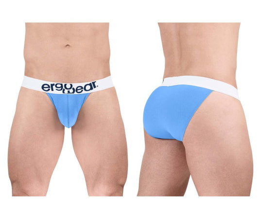 Light blue ergonomic cotton bikini briefs with white waistband and ergo wear logo in black text front view