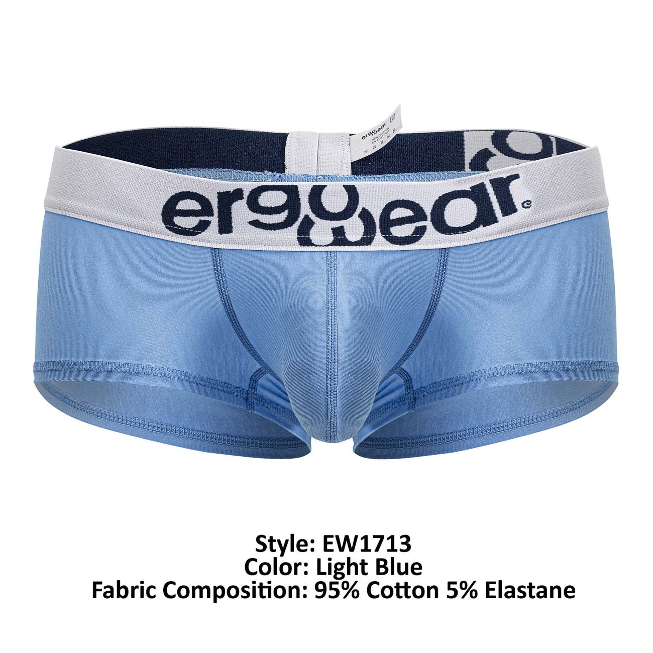Light blue ergonomic cotton briefs with white waistband and ergo wear logo in black lettering front view
