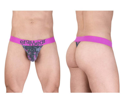 Men’s ergo wear ew1714 max se camo g-string with vibrant pink waistband and dark gray purple tropical leaf pattern