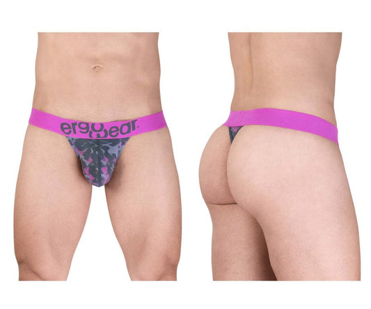 Men’s ergo wear ew1714 max se camo g-string with vibrant pink waistband and dark gray purple tropical leaf pattern