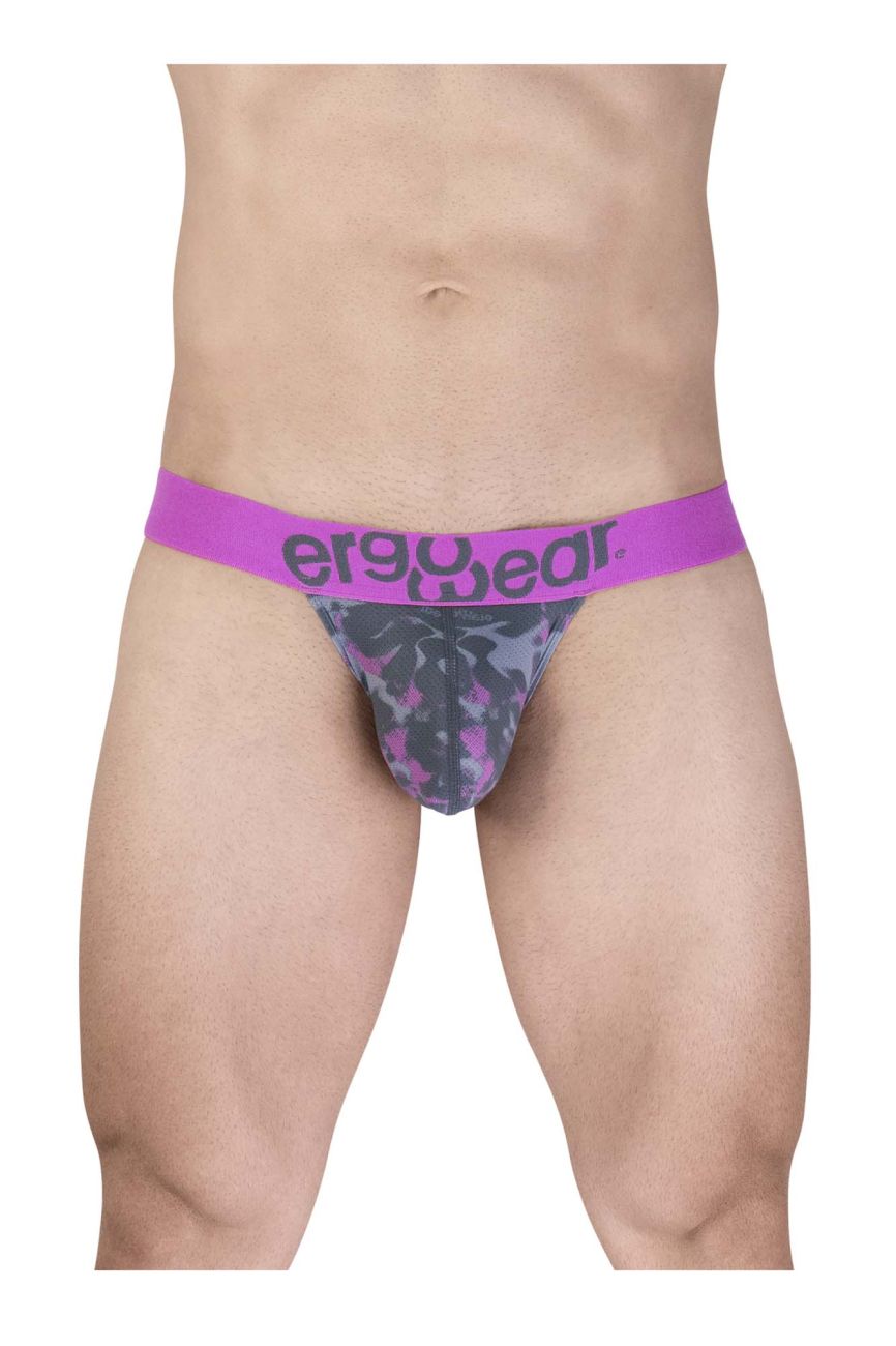 Purple and gray camouflage ergonomic briefs with bold purple ergogear waistband in ErgoWear EW1714 MAX SE CAMO g-string pink