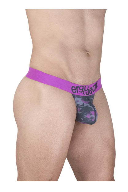 Purple and black camouflage patterned men’s briefs with a solid purple waistband featuring the Ergywear brand name