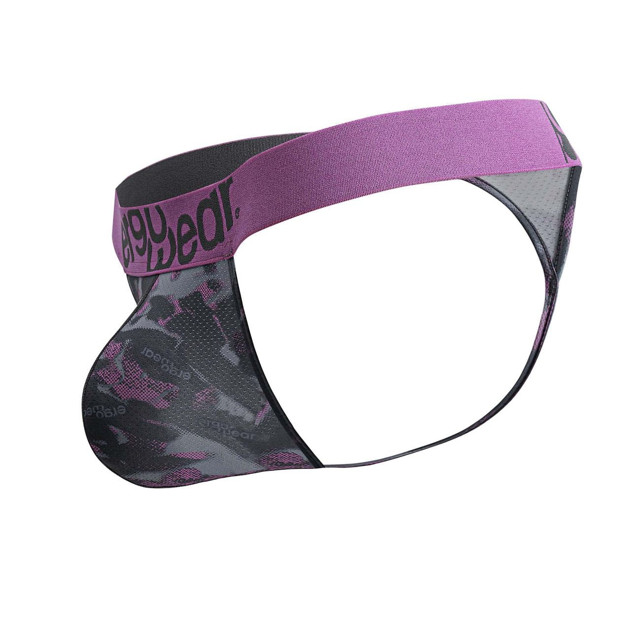 Purple and black patterned men’s briefs with mesh design and elastic waistband from ergowear ew1714 max se camo g-string pink