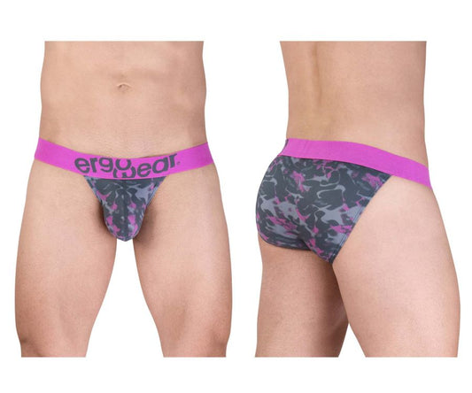Men’s bikini brief ergo wear ew1715 max se camo with vibrant pink waistband and gray magenta camouflage pattern
