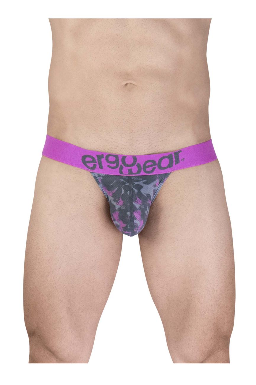 Purple and gray camouflage men’s briefs with bold purple ergowear waistband in pink bikini style ew1715 max se camo