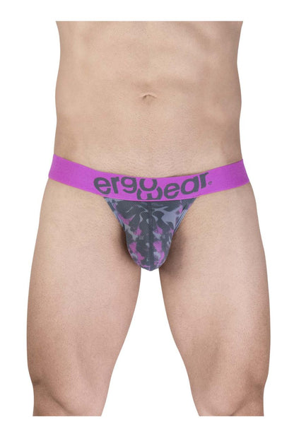 Purple and gray camouflage men’s briefs with bold purple ergowear waistband in pink bikini style ew1715 max se camo