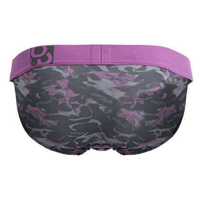 Ergowear ew1715 max se camo bikini pink featuring purple and gray camouflage men’s briefs with solid purple waistband