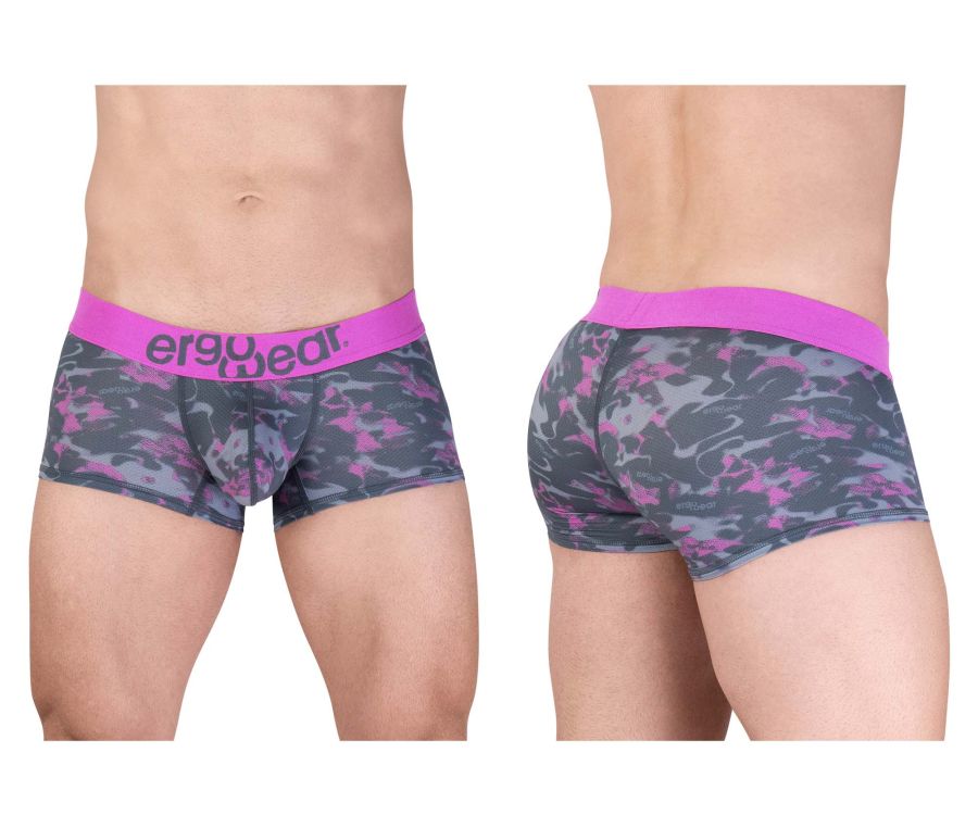 Men’s pink and gray camouflage ergo wear ew1716 max se trunks with bright pink waistband for comfortable wear