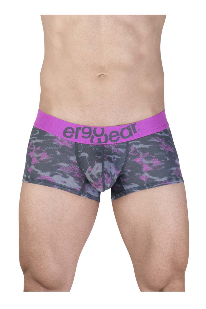 Purple and gray camouflage men’s briefs with bright pink ergowear waistband ergonomic trunk underwear