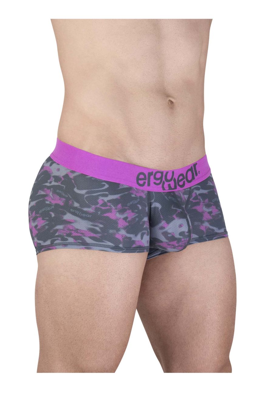 Purple and gray camouflage patterned men’s briefs with solid purple ergo wed waistband pink color trunks
