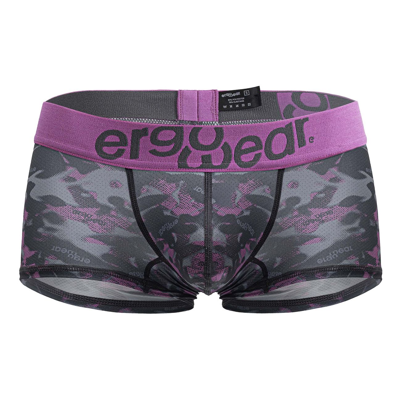 Purple and gray camouflage patterned men’s briefs with ergogear waistband in ergo wear ew1716 max se camo trunks pink