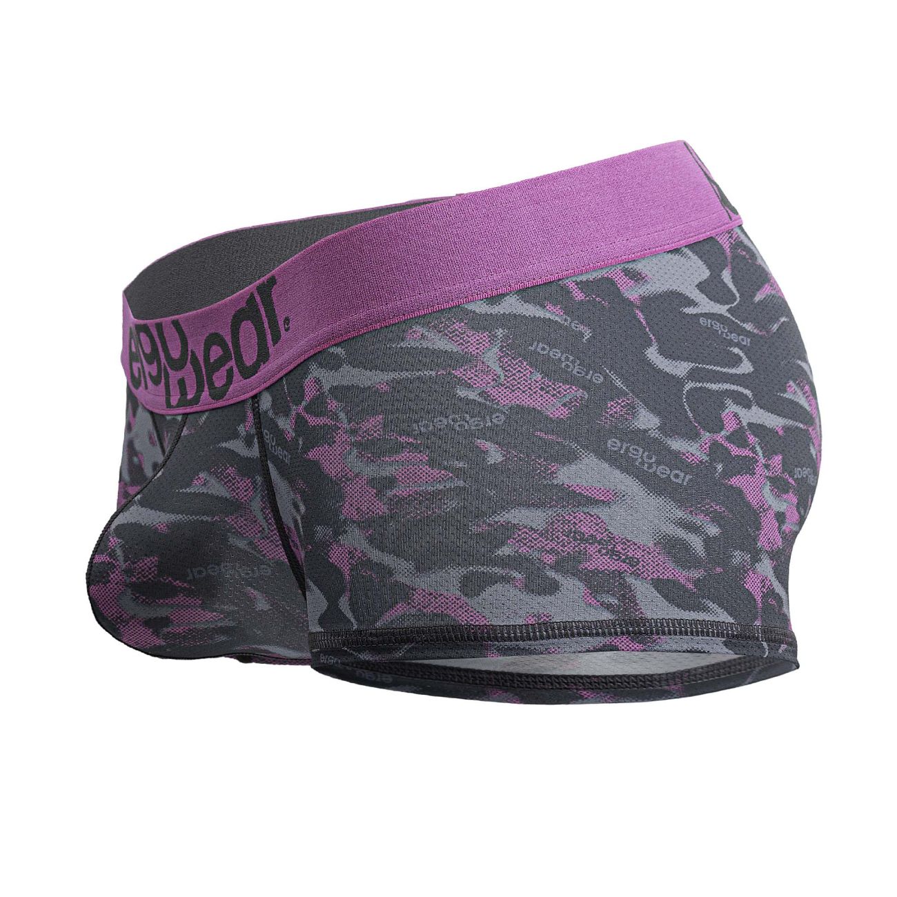 Purple and gray camouflage men’s boxer briefs with solid purple waistband and ergy wear brand name in pink color