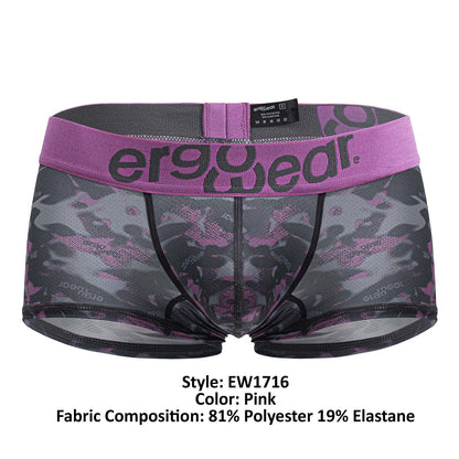 Pink camouflage men’s briefs with purple waistband black trim and ergowear logo ergo wear ew1716 max se camo trunks