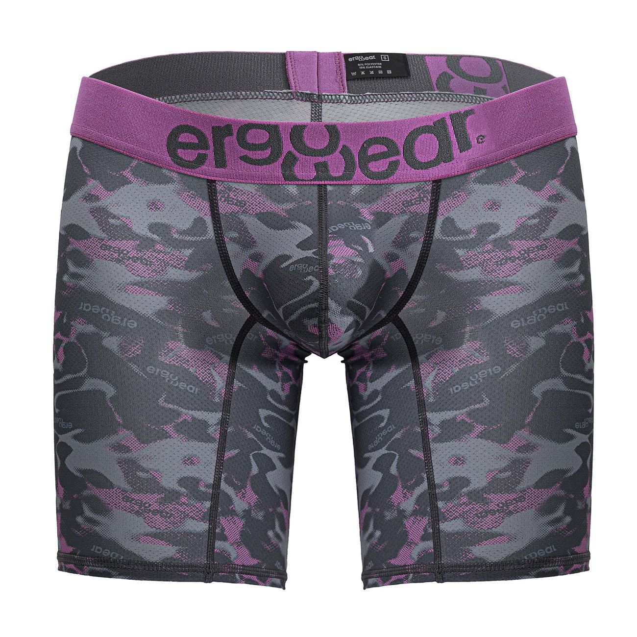 Purple and gray camouflage patterned men’s boxer briefs with ergowear logo on waistband in pink color