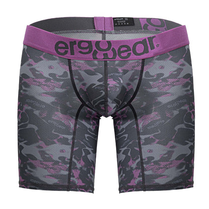 Purple and gray camouflage patterned men’s boxer briefs with ergowear logo on waistband in pink color