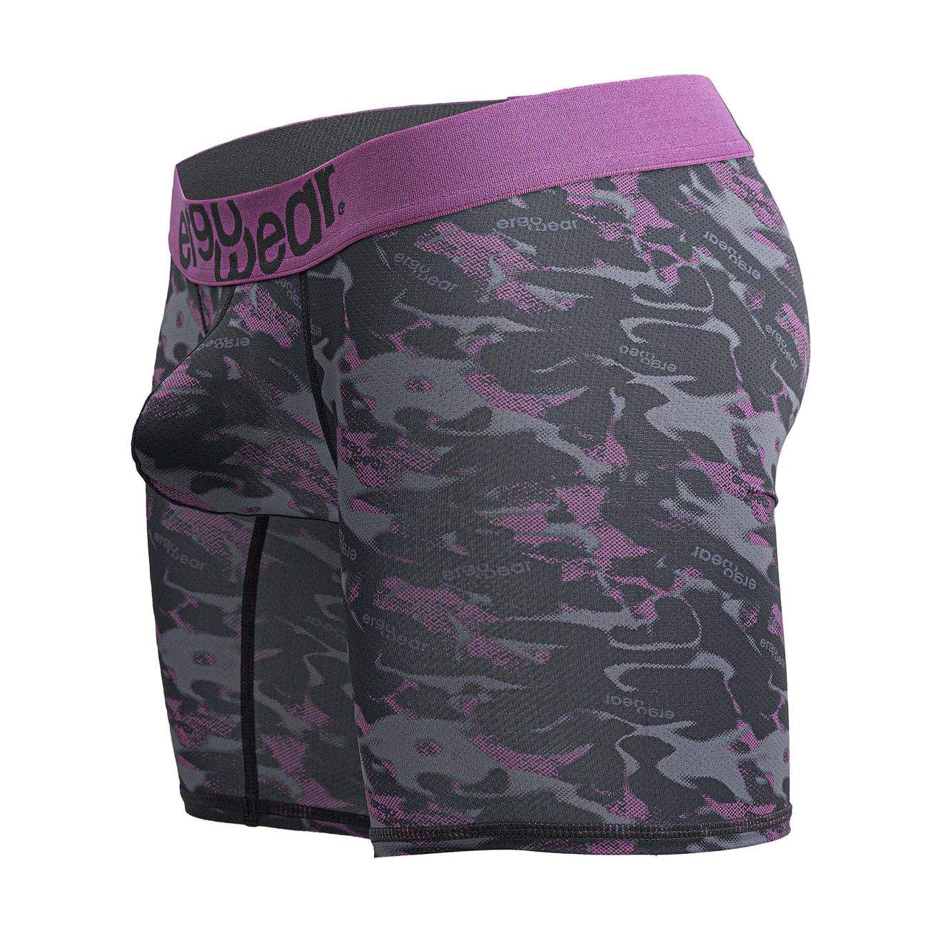 Purple and gray camouflage patterned men’s boxer briefs with branded elastic waistband by ergowear ew1717 max se camo in pink