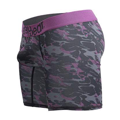 Purple and gray camouflage patterned men’s boxer briefs with branded elastic waistband by ergowear ew1717 max se camo in pink