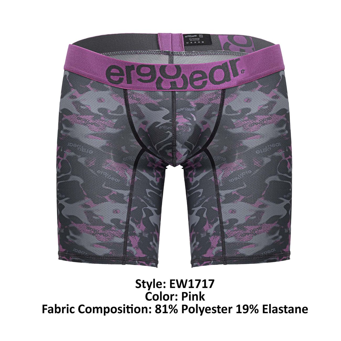 Pink camouflage boxer briefs with a purple ergowear waistband designed for comfort and support