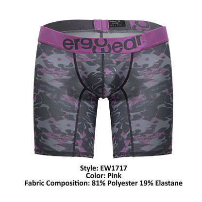 Pink camouflage boxer briefs with a purple ergowear waistband designed for comfort and support