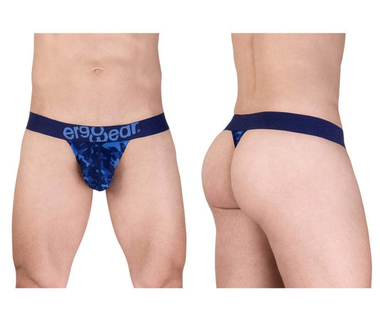 Navy blue camouflage pattern thong with er9gwear branded waistband for a sporty and stylish look