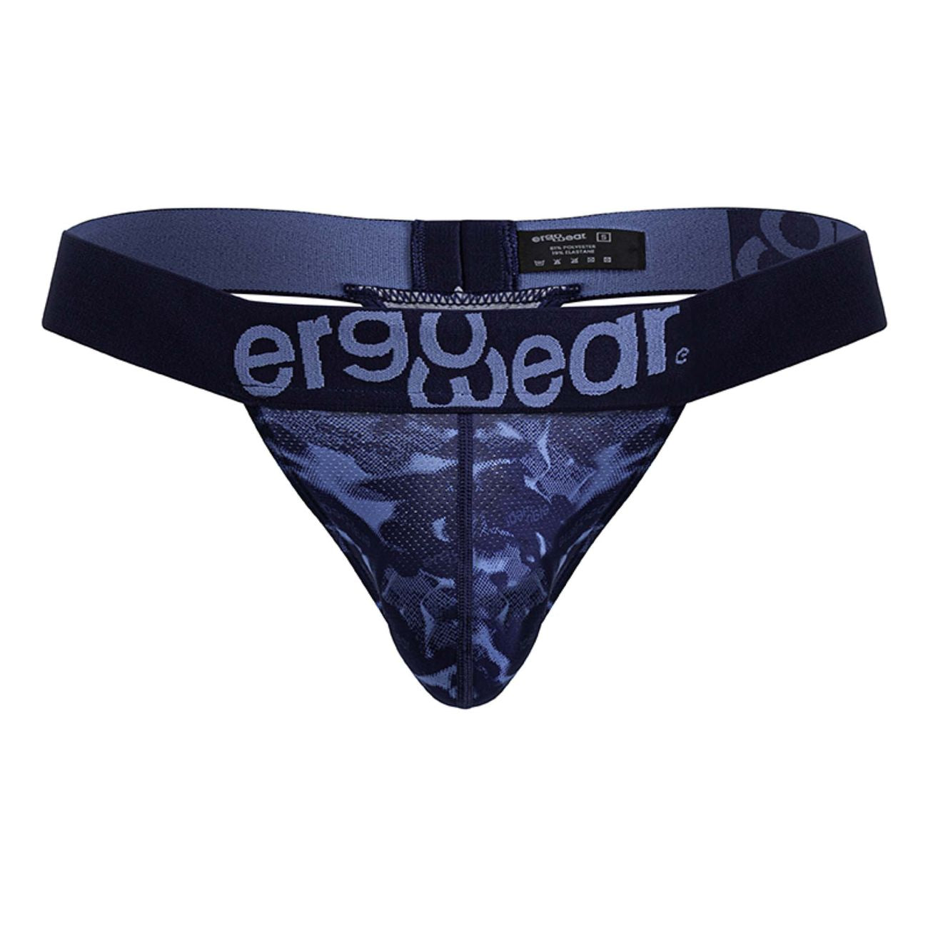 Navy blue mesh thong with subtle camouflage pattern and light gray ergowear logo on the waistband front side