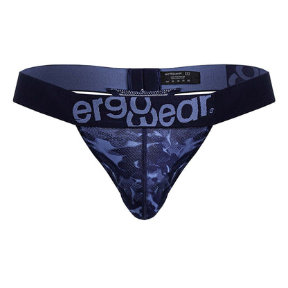 Navy blue mesh thong with subtle camouflage pattern and light gray ergowear logo on the waistband front side