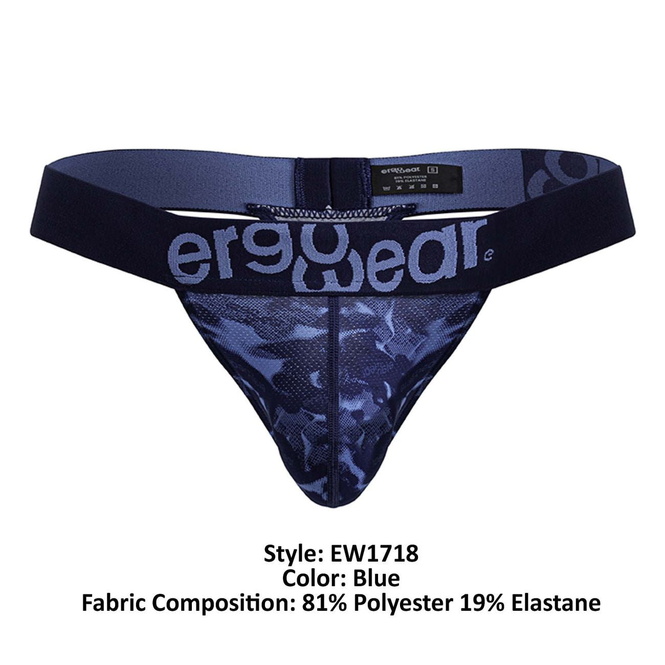 Blue ergowear ew1718 max se camo g-string thong with dark blue camouflage mesh and elastic waistband back view