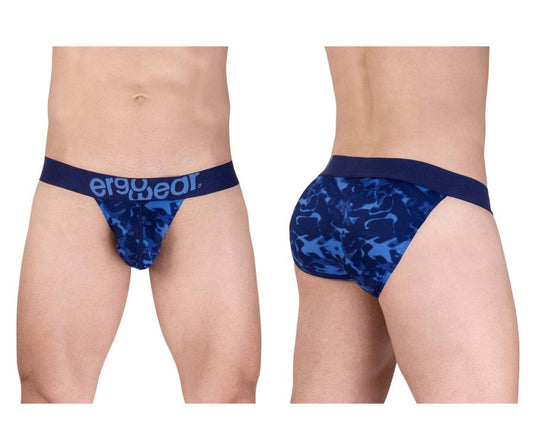 Ergowear ew1719 max se camo bikini briefs in blue camouflage with a solid navy waistband featuring the ergowear brand name
