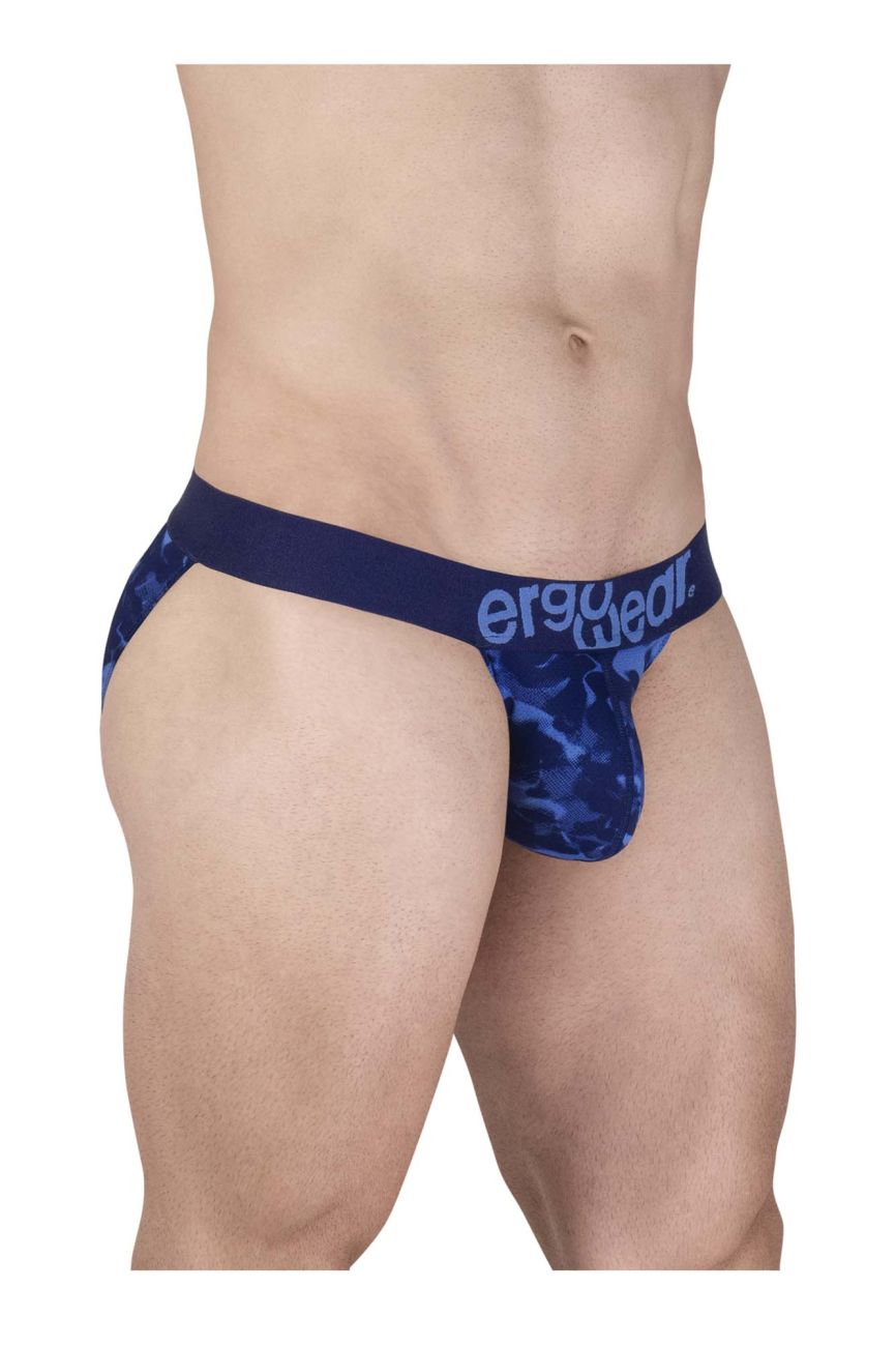 Blue camouflage patterned men’s briefs with a solid navy waistband featuring the ergo wear logo in bikini style