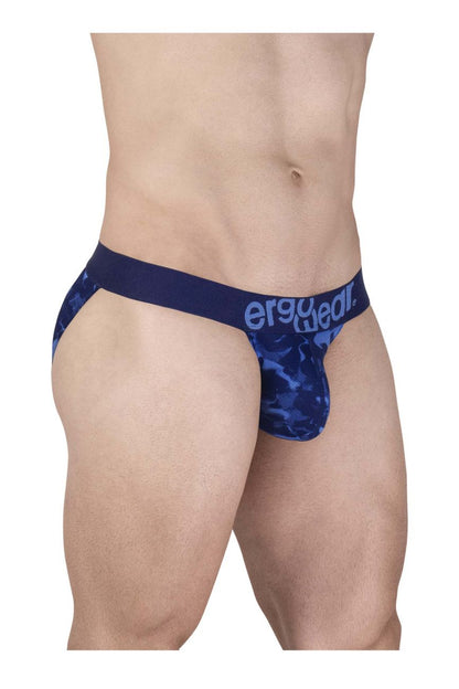Blue camouflage patterned men’s briefs with a solid navy waistband featuring the ergo wear logo in bikini style