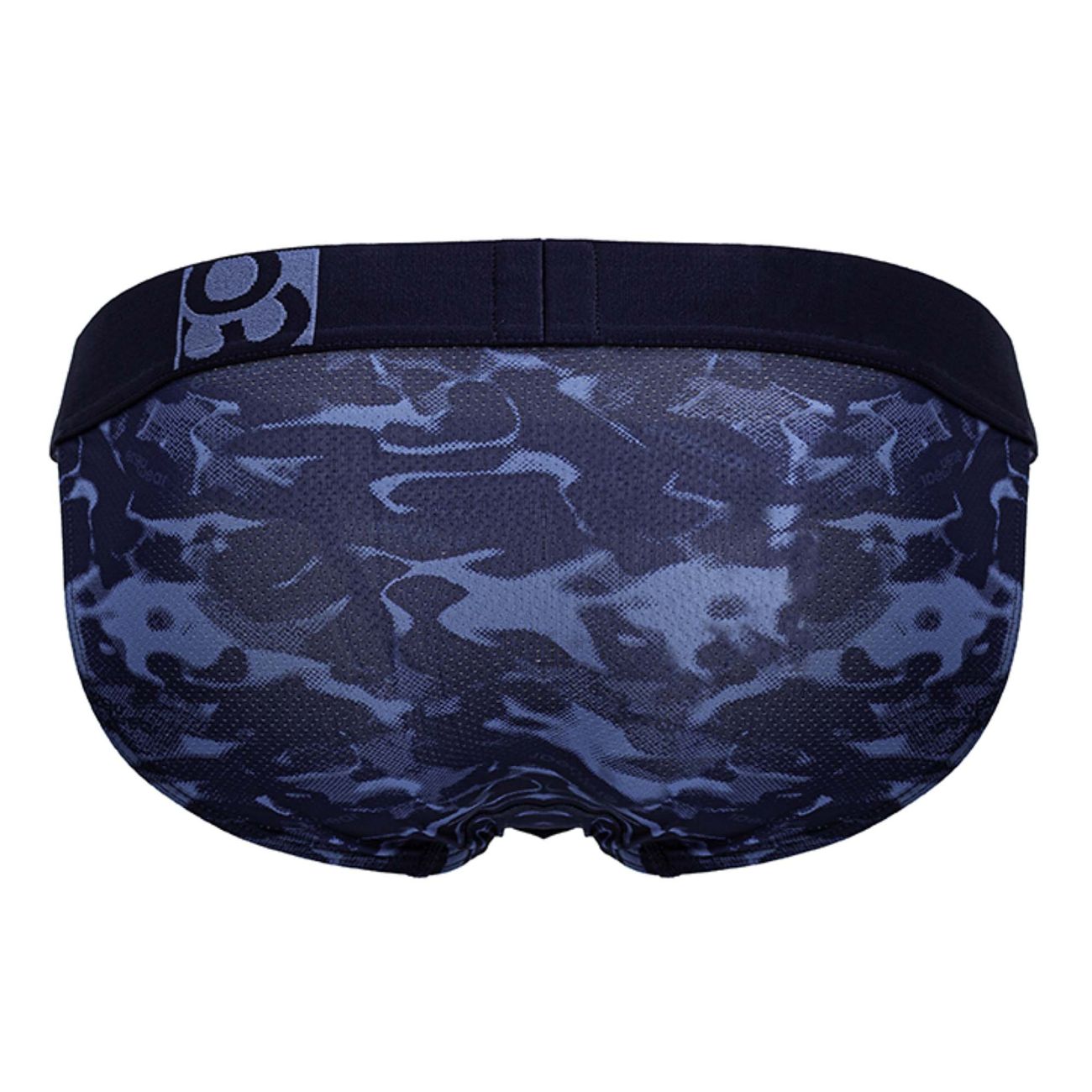 Dark blue camouflage patterned men’s briefs with black elastic waistband and small logo patch by ergowear ew1719 max se camo bikini