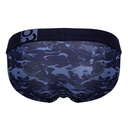Dark blue camouflage patterned men’s briefs with black elastic waistband and small logo patch by ergowear ew1719 max se camo bikini
