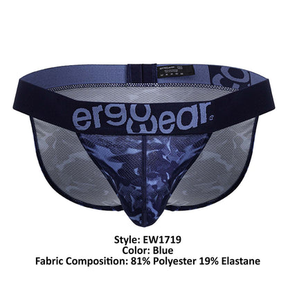 Blue ergonomic mesh briefs with camouflage pattern and black trim from ergowear ew1719 max se camo bikini collection