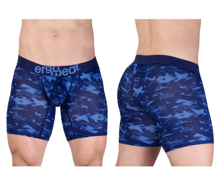 Blue camouflage-patterned men’s boxer briefs with dark blue ergo wear waistband designed for comfort and style