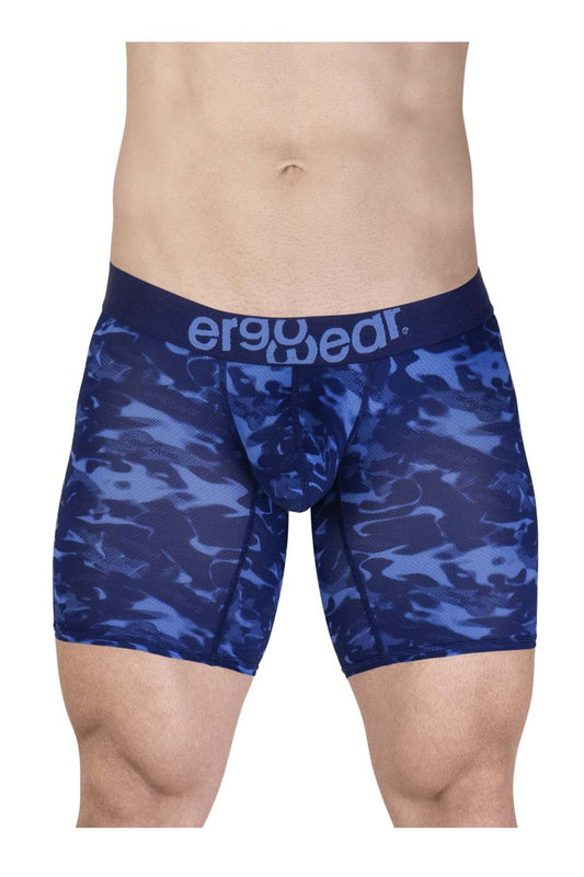 Blue camouflage patterned men’s boxer briefs with dark blue ergowear waistband for comfortable support