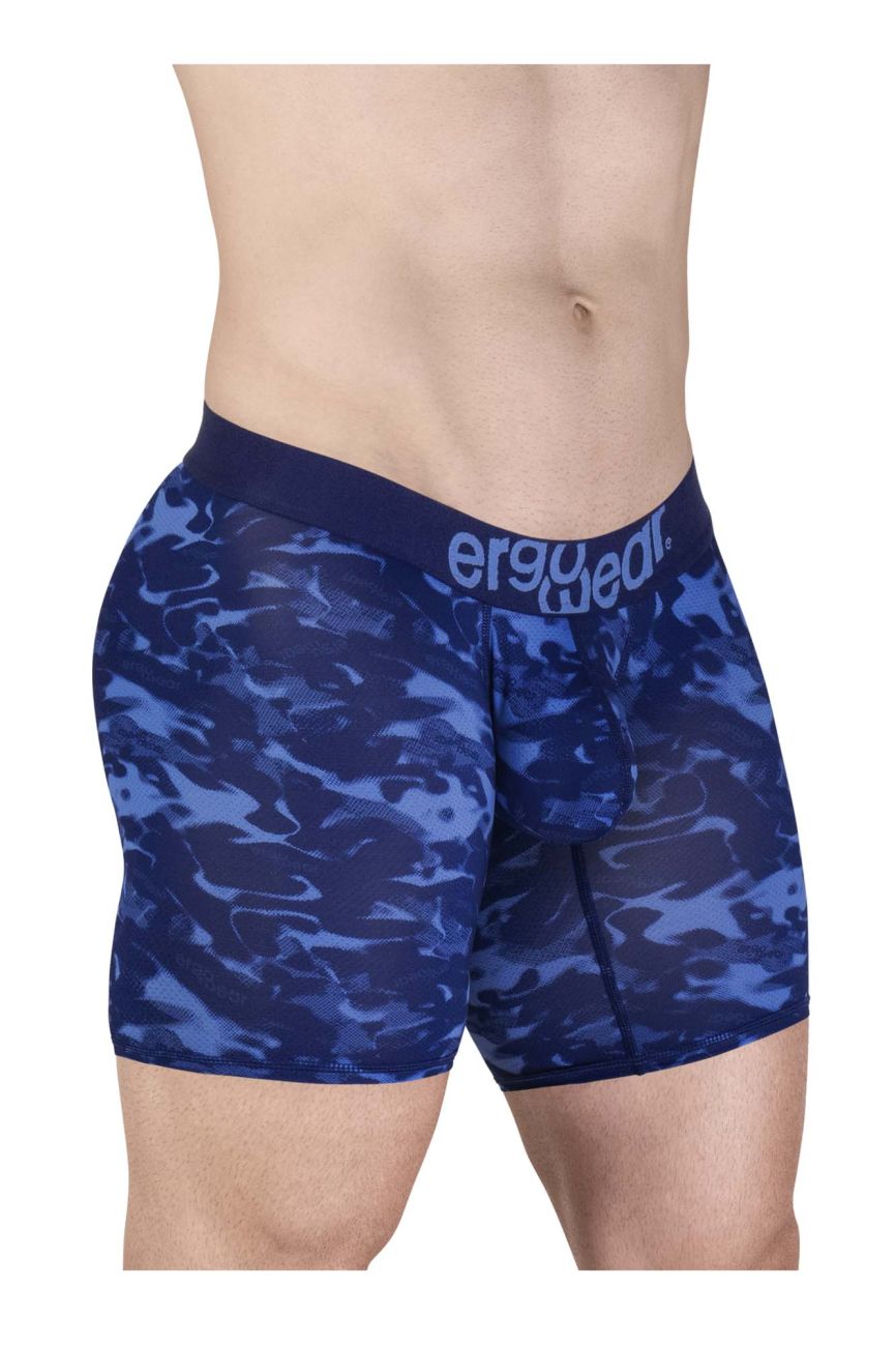 Blue camouflage-patterned men’s boxer briefs with a dark blue ergowear waistband ew1721 max se camo boxer briefs