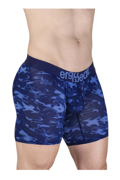 Blue camouflage-patterned men’s boxer briefs with a dark blue ergowear waistband ew1721 max se camo boxer briefs