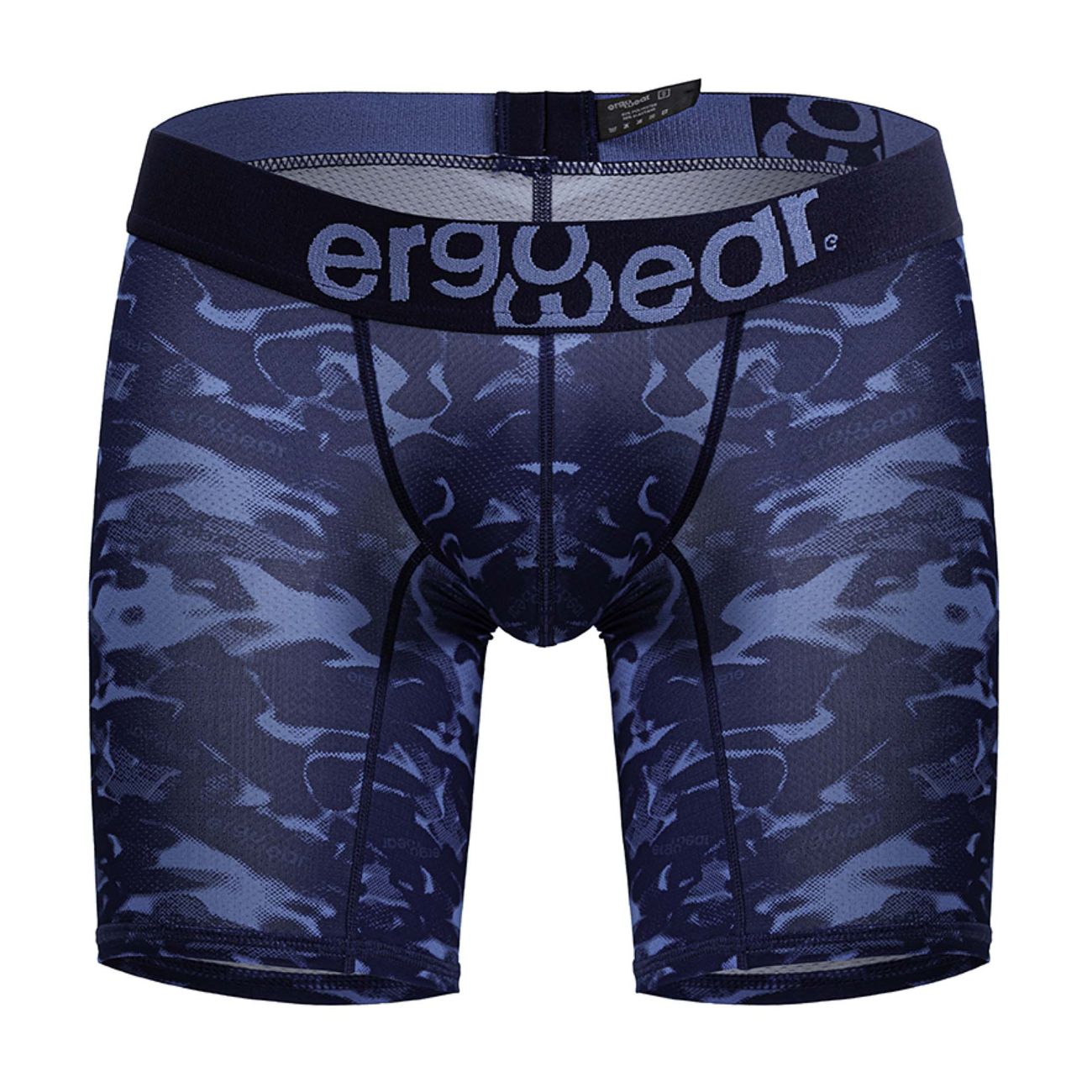 Dark blue ergonomic boxer briefs with subtle camouflage pattern and ergowear logo on waistband ew1721 max se camo