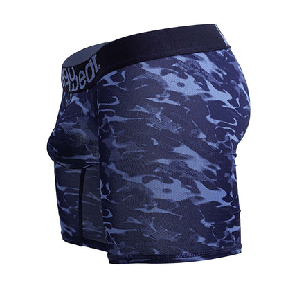 ErgoWear ew1721 max se camo boxer briefs in blue feature dark and light blue camouflage with a black sexybear waistband
