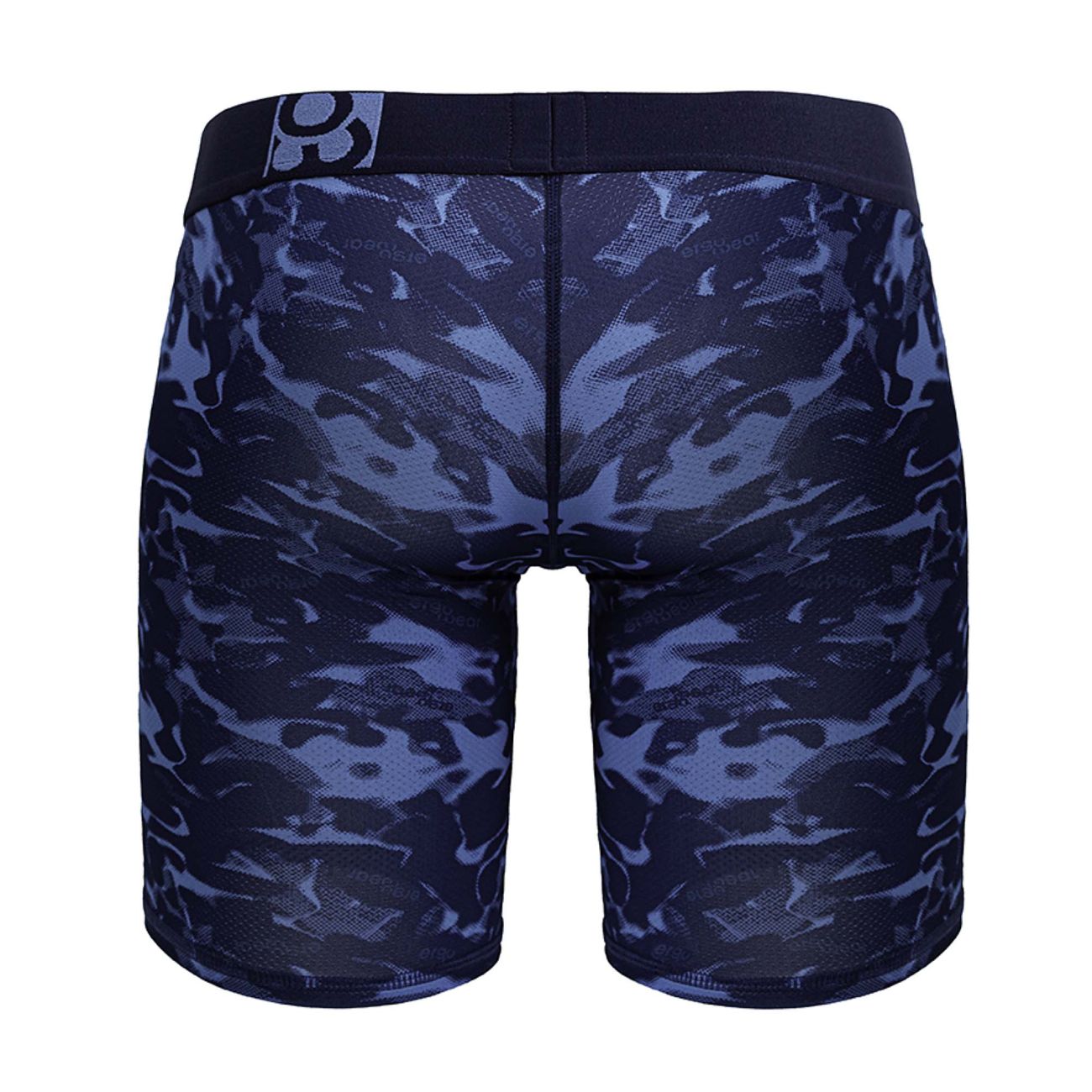 Dark blue and black camouflage pattern ergoWear ew1721 max se camo boxer briefs with black waistband and white logo
