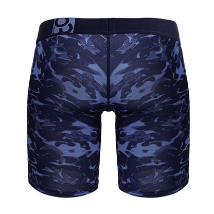 Dark blue and black camouflage pattern ergoWear ew1721 max se camo boxer briefs with black waistband and white logo