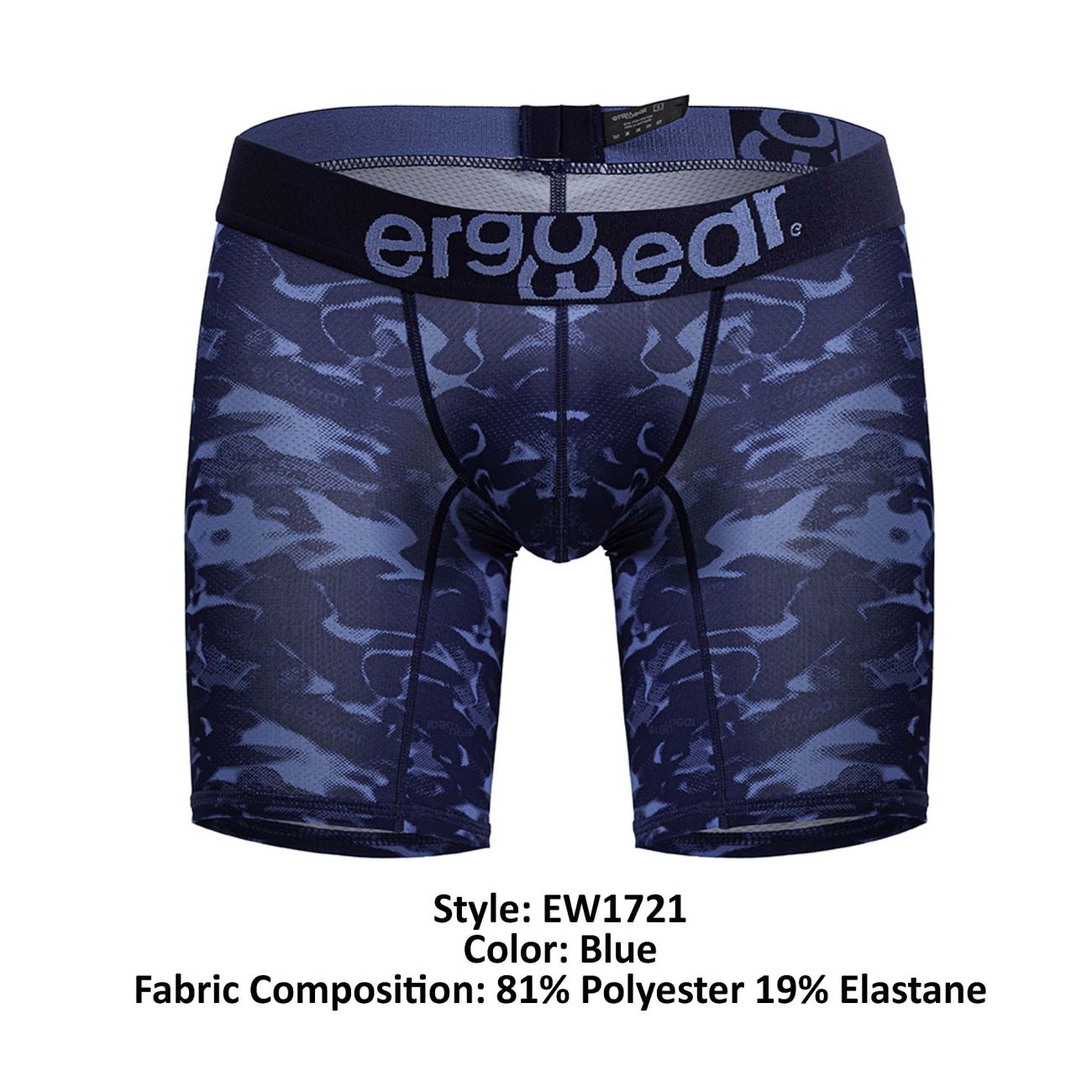 Blue ergowear ew1721 max se camo boxer briefs with black waistband featuring ergowear logo in blue camouflage pattern